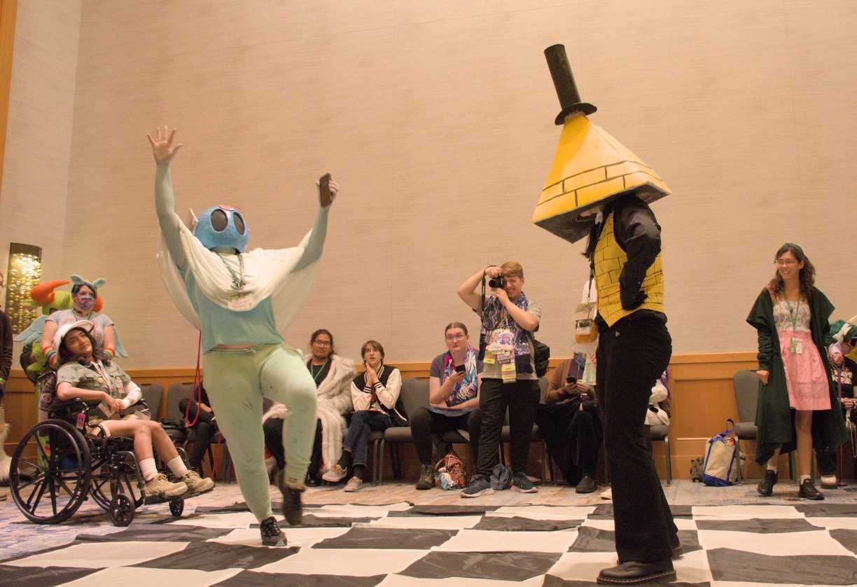 Two cosplayers participating in cosplay chess